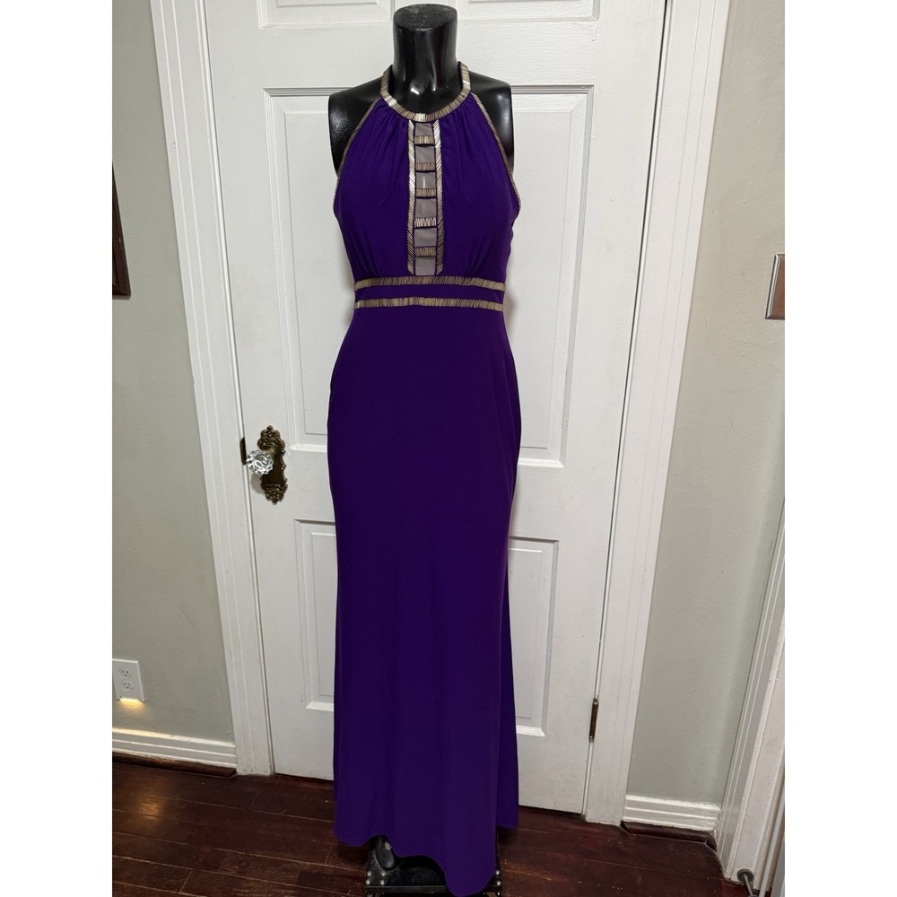 Purple Formal Homecoming Prom Pageant Long Dress Gold Beaded Sleeveless Size 6